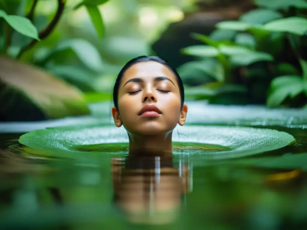 Una persona medita en un entorno natural, rodeada de vegetación exuberante y agua que fluye suavemente