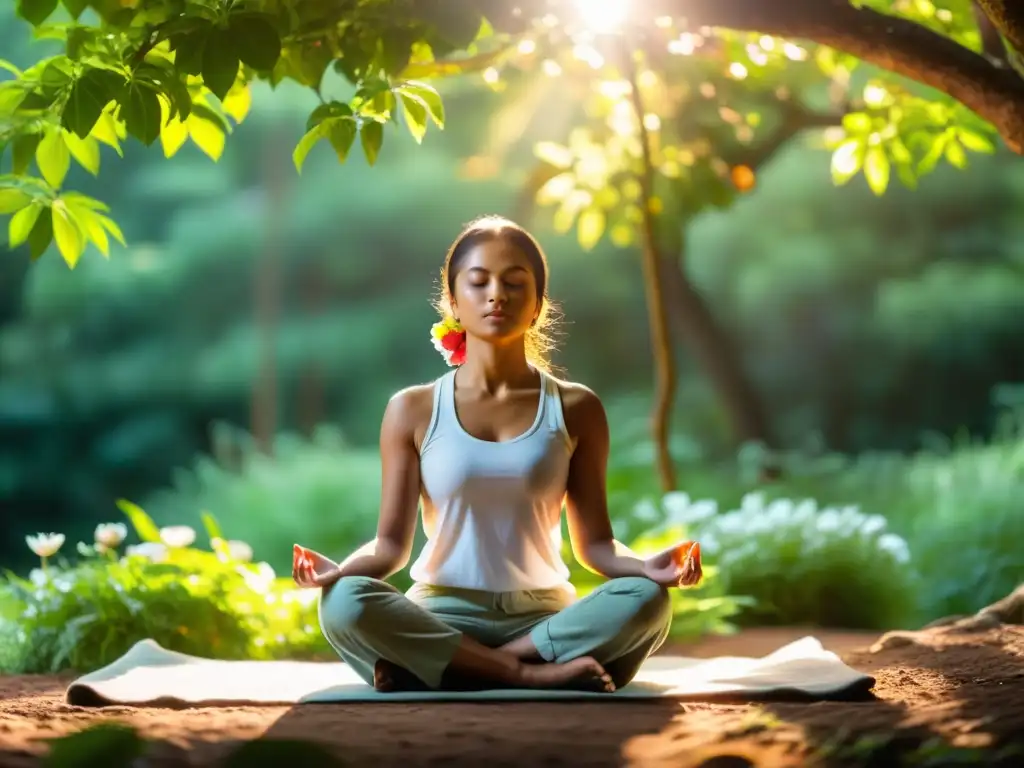 Persona meditando en un entorno natural sereno, con efectos de la meditación en el sistema inmunológico