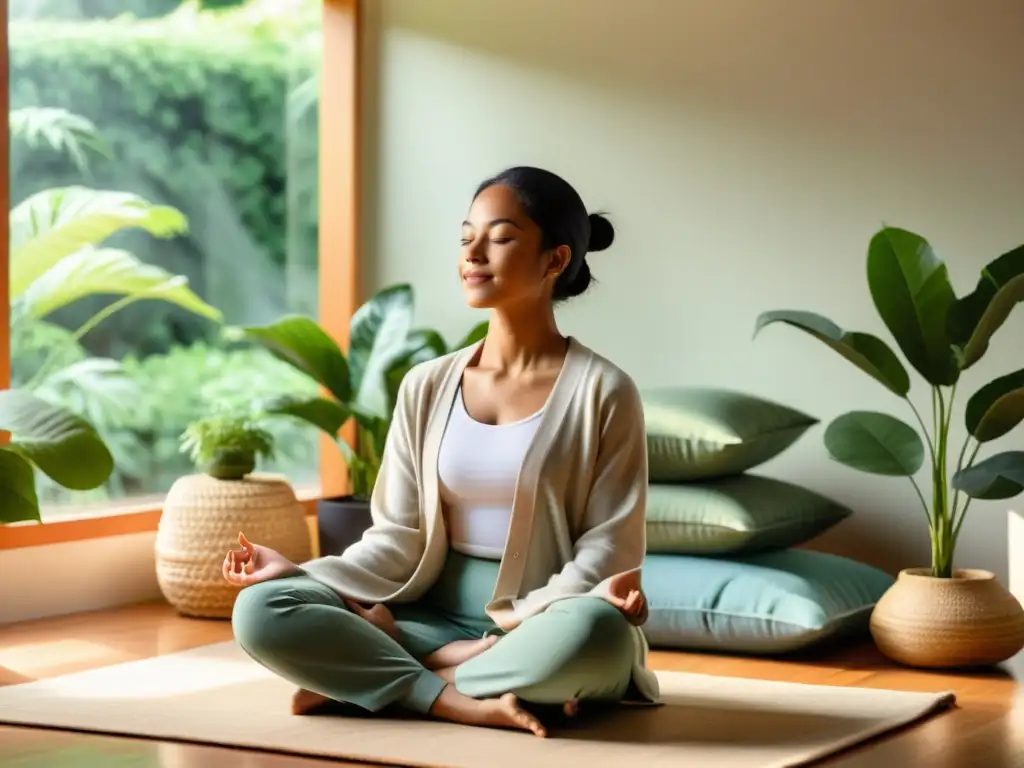 Persona meditando en un entorno sereno y natural, con luz suave y plantas verdes