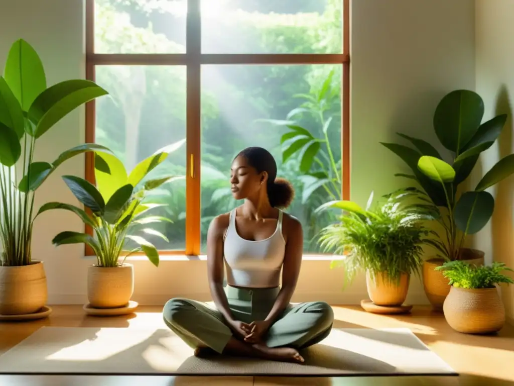 Persona meditando en un entorno sereno y soleado, rodeada de plantas verdes