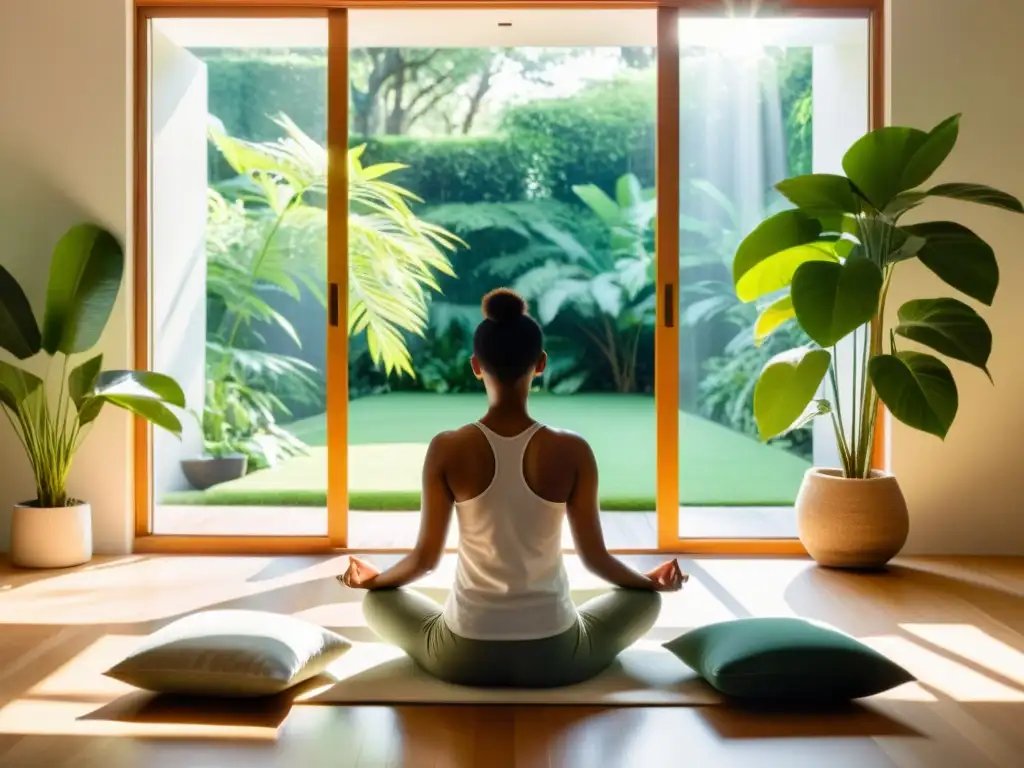 Persona meditando en un entorno tranquilo y luminoso, rodeada de vegetación exuberante