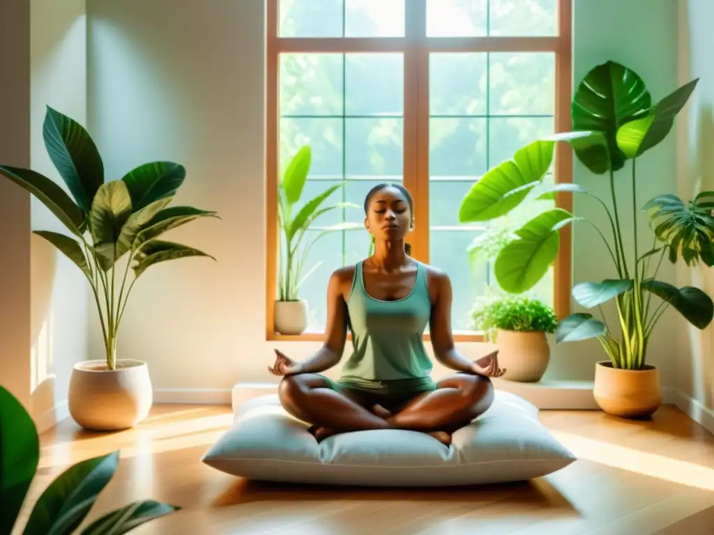 Una persona medita en un espacio luminoso y minimalista, rodeada de plantas