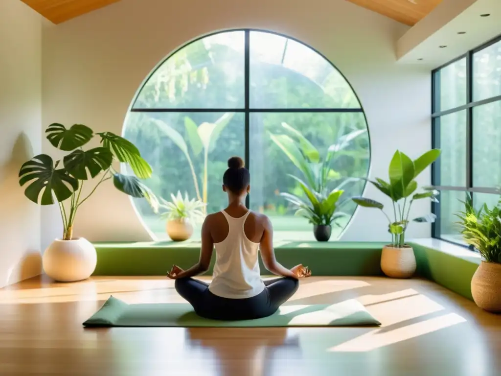 Persona meditando en un espacio luminoso y minimalista, rodeada de plantas