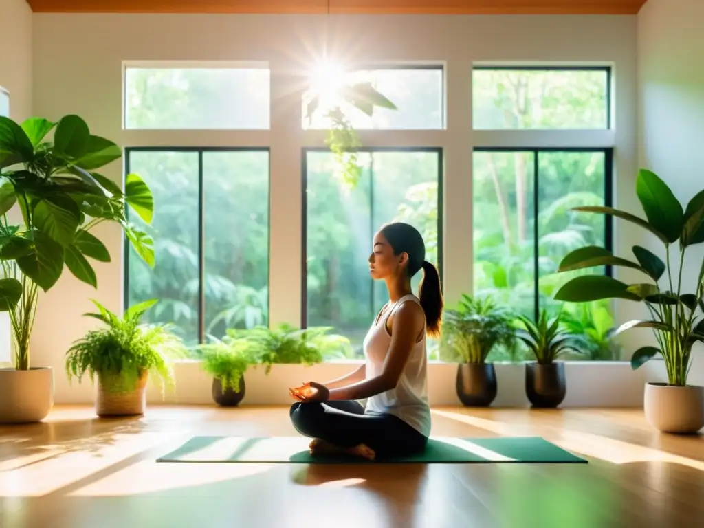 Persona meditando en un espacio luminoso con plantas verdes, transmitiendo calma y paz