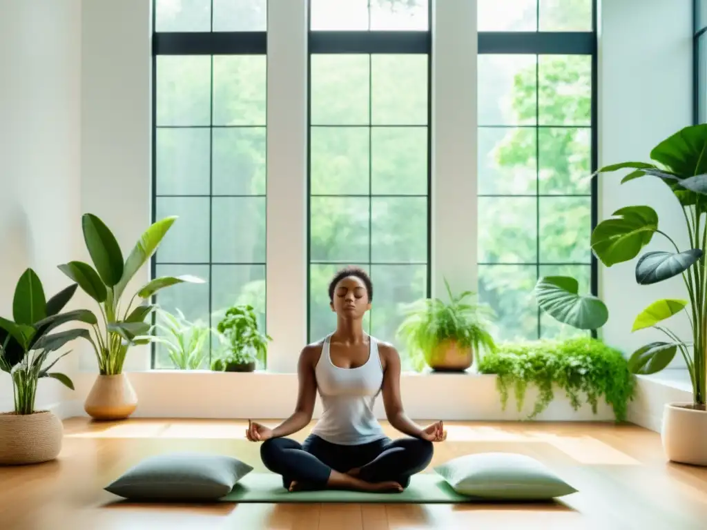 Persona meditando en un espacio luminoso con plantas, vistiendo ropa cómoda