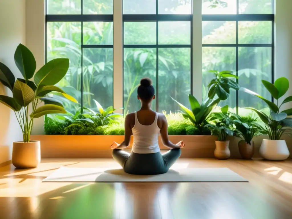 Persona meditando en un espacio luminoso con plantas verdes