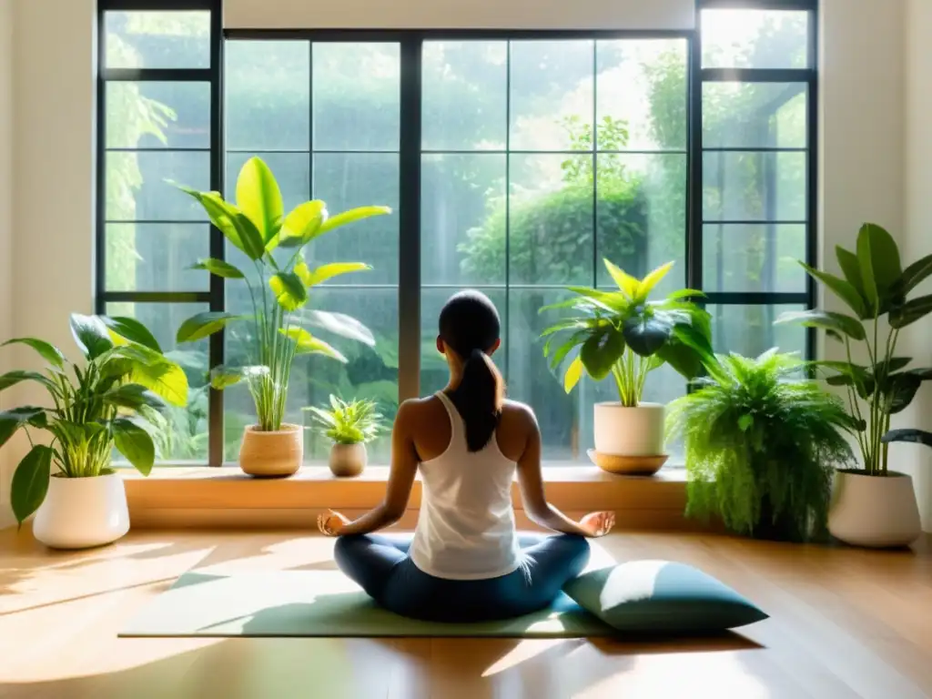 Persona meditando en un espacio luminoso rodeado de plantas verdes