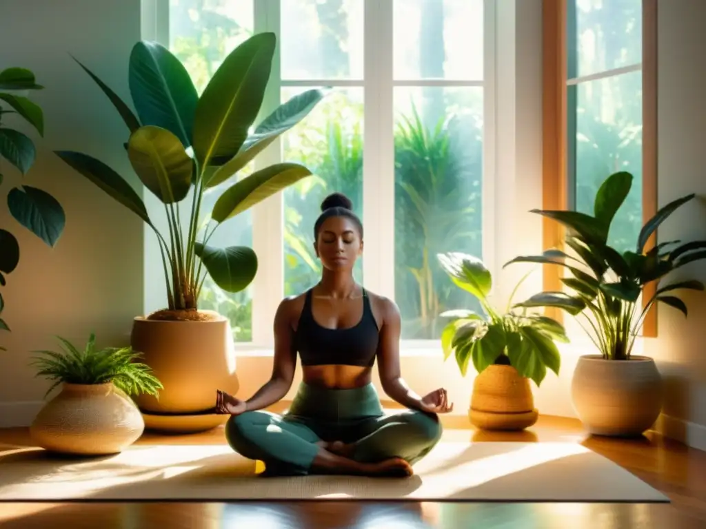 Persona meditando en un espacio luminoso y tranquilizador, rodeada de plantas