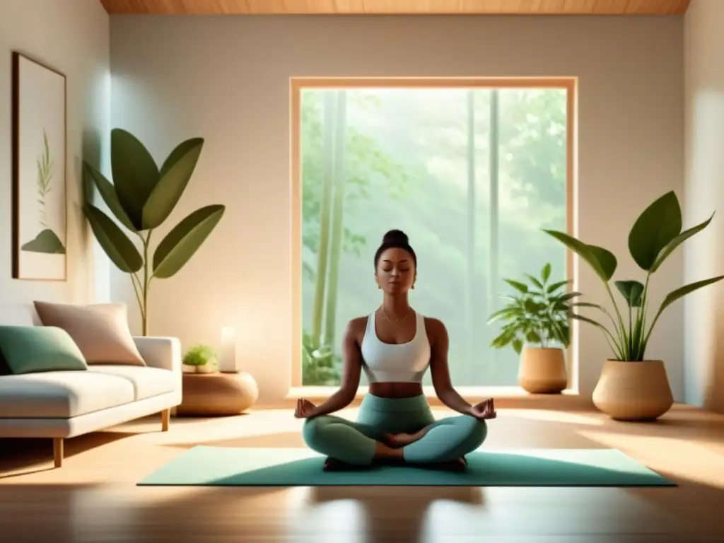 Persona meditando en un espacio minimalista, iluminado por luz natural