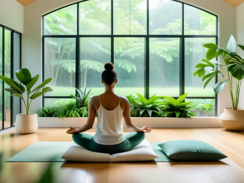 Persona meditando en un espacio minimalista, rodeada de plantas