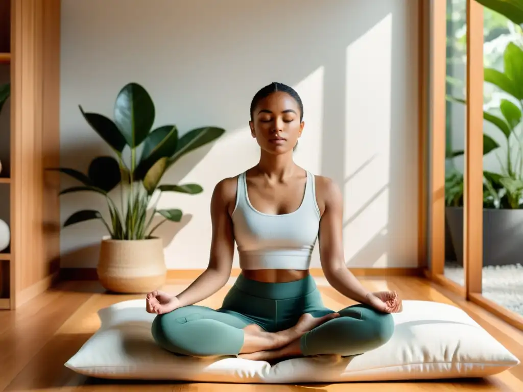 Una persona meditando en un espacio minimalista rodeado de plantas y luz natural