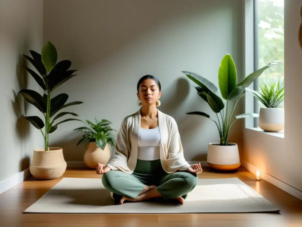 Persona meditando en un espacio minimalista y tranquilo