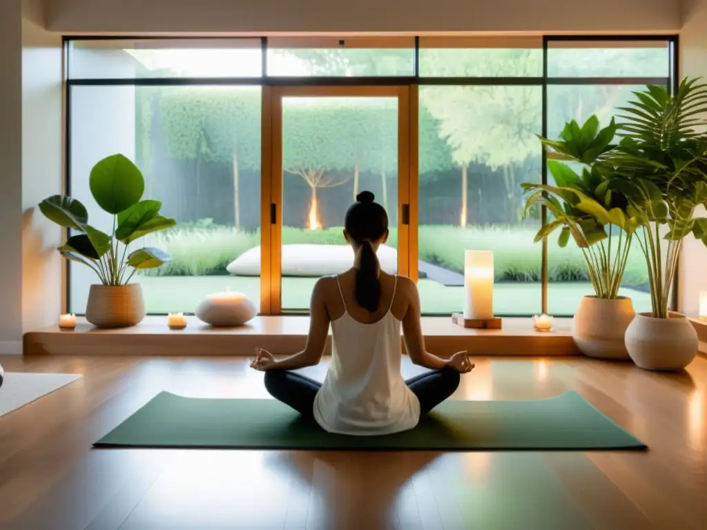 Persona meditando en un espacio minimalista con vista a la naturaleza, promoviendo técnicas de relajación para inmunidad