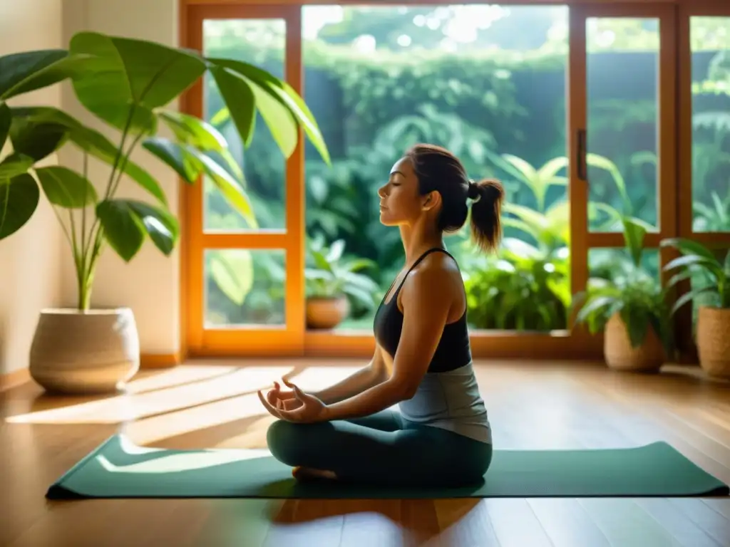 Una persona practica yoga en un espacio sereno, iluminado por el sol, rodeada de exuberantes plantas verdes