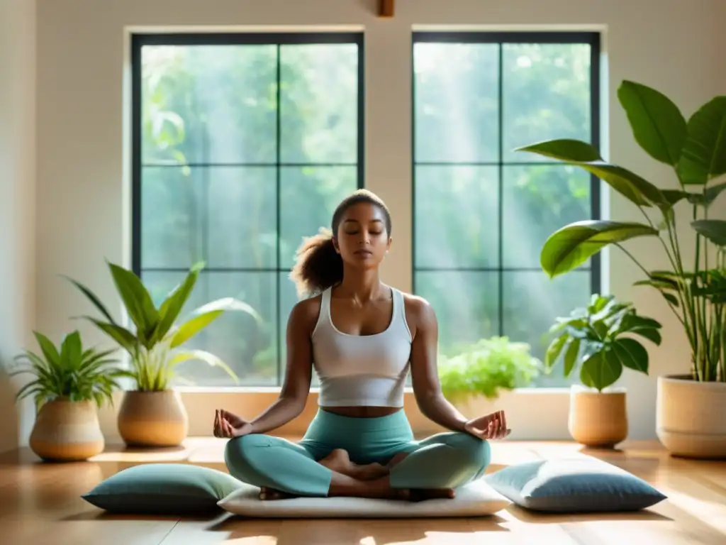 Persona meditando en un espacio sereno con luz natural, creando armonía