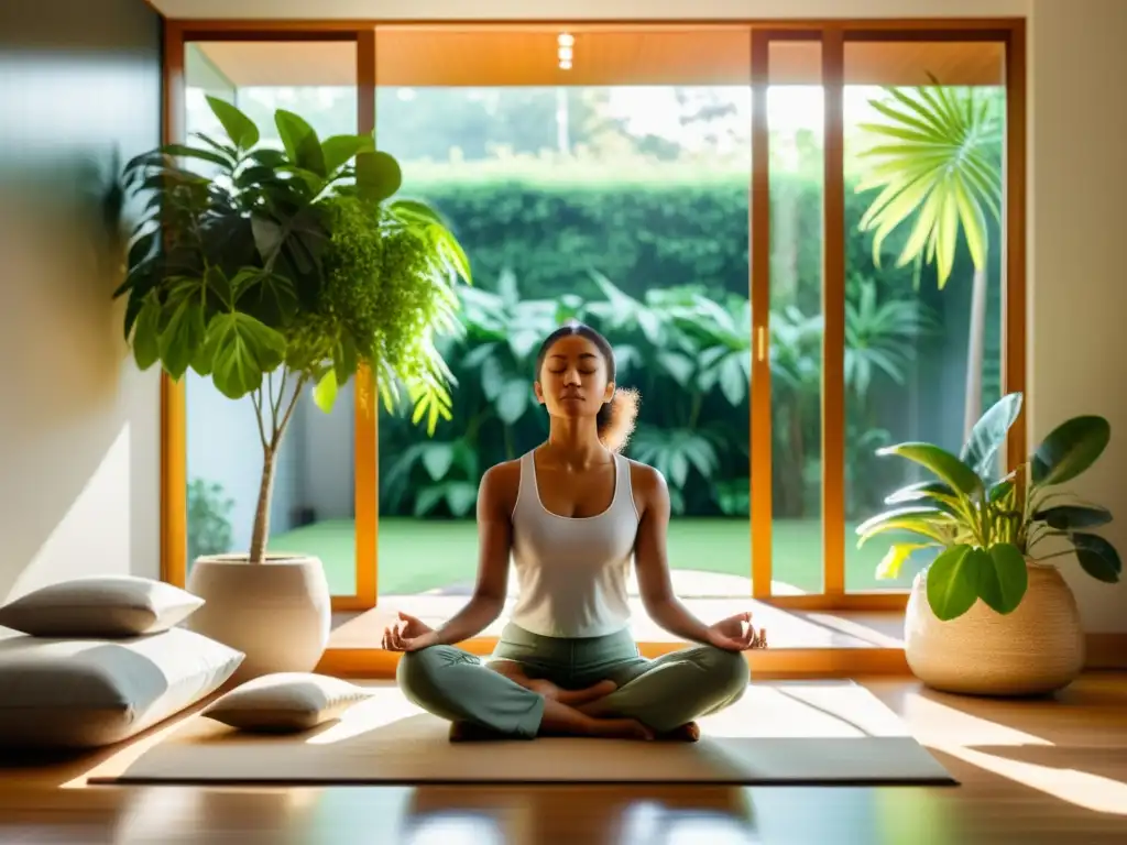 Persona meditando en un espacio sereno y moderno, rodeada de vegetación, promoviendo el sistema inmunológico y mindfulness