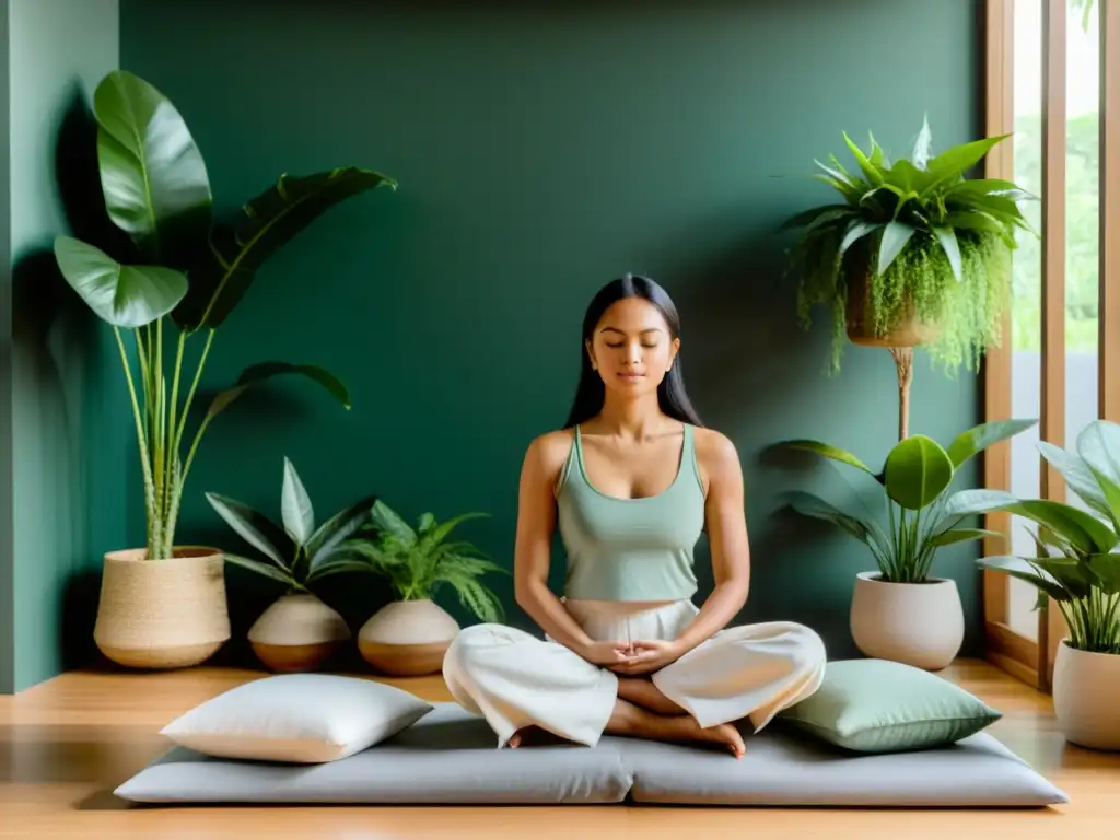 Persona meditando en un espacio sereno con plantas verdes, creando un ambiente de tranquilidad para ejercicios de meditación para fortalecer defensas