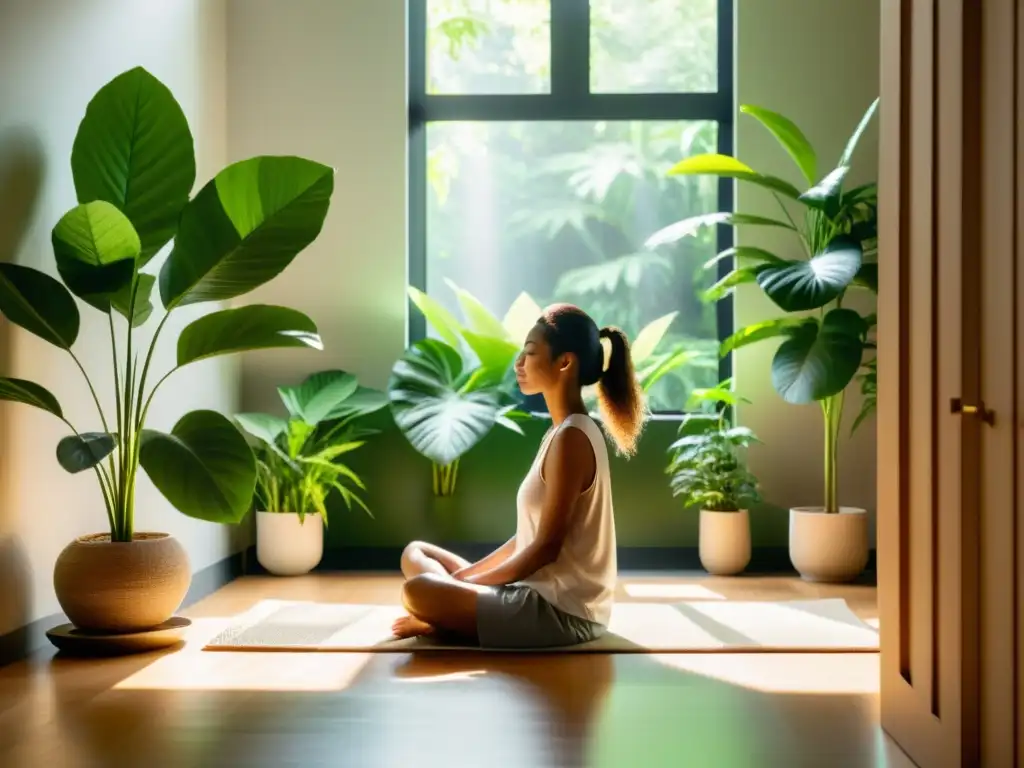 Persona meditando en un espacio sereno, rodeada de plantas verdes