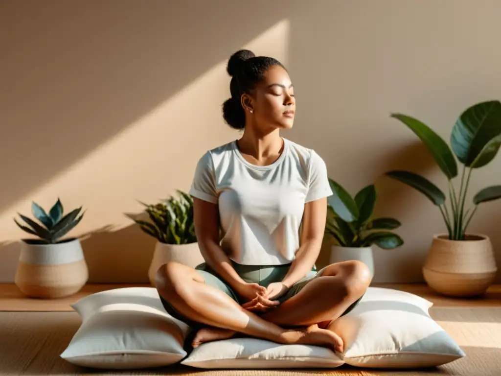 Persona meditando en un espacio sereno, rodeada de luz cálida