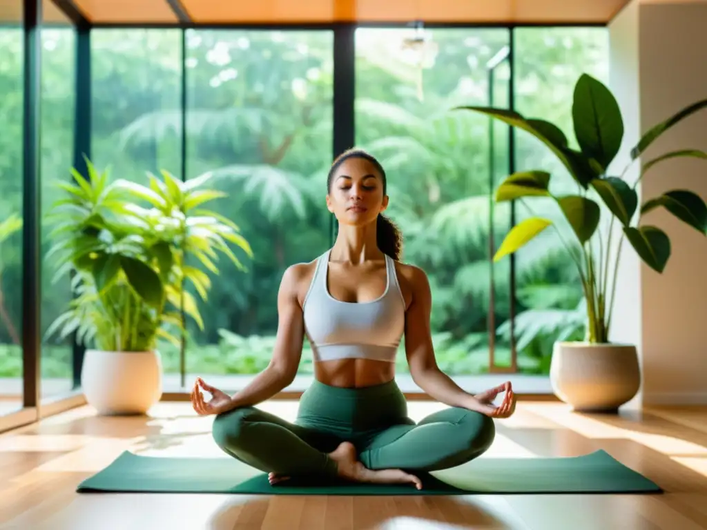 Una persona practica yoga en un espacio sereno, rodeada de plantas verdes y luz natural