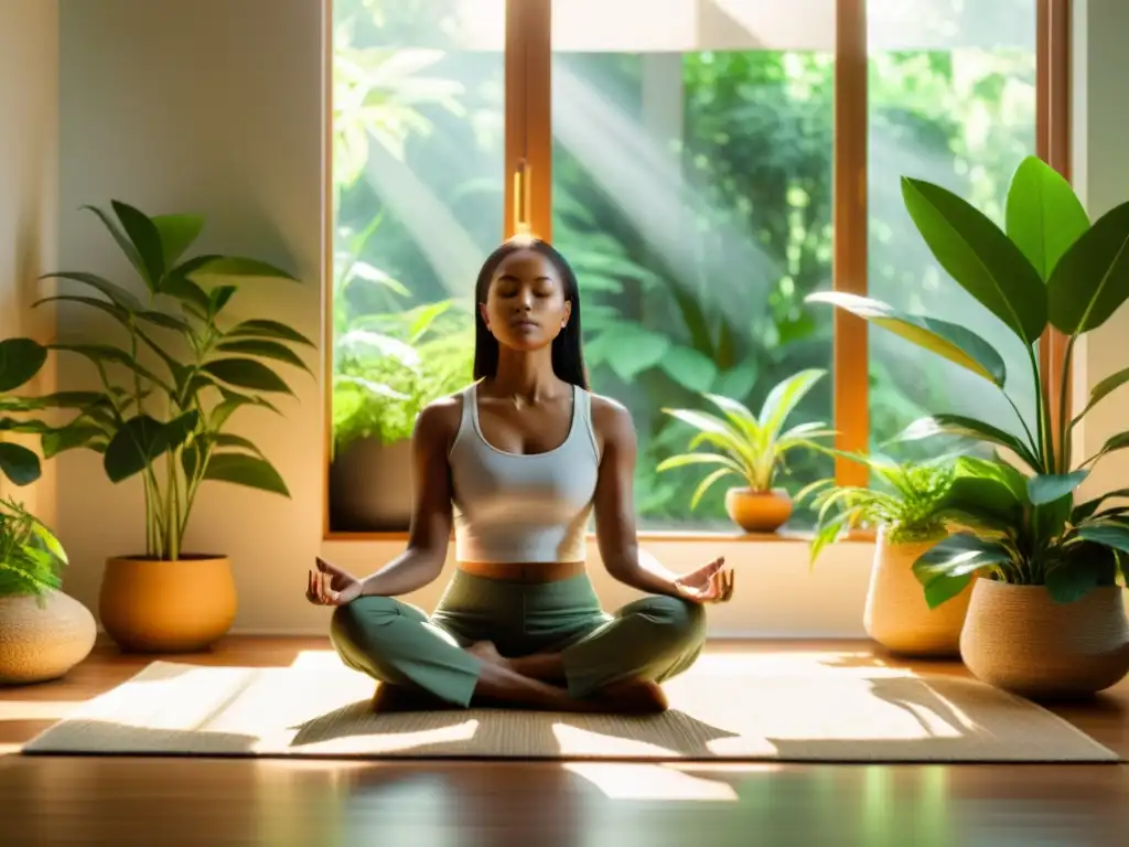 Persona meditando en un espacio sereno, rodeada de plantas, con luz solar cálida