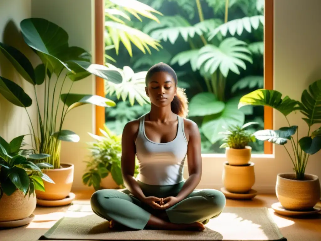 Persona meditando en un espacio sereno y soleado rodeado de plantas, creando una atmósfera calmada y tranquila