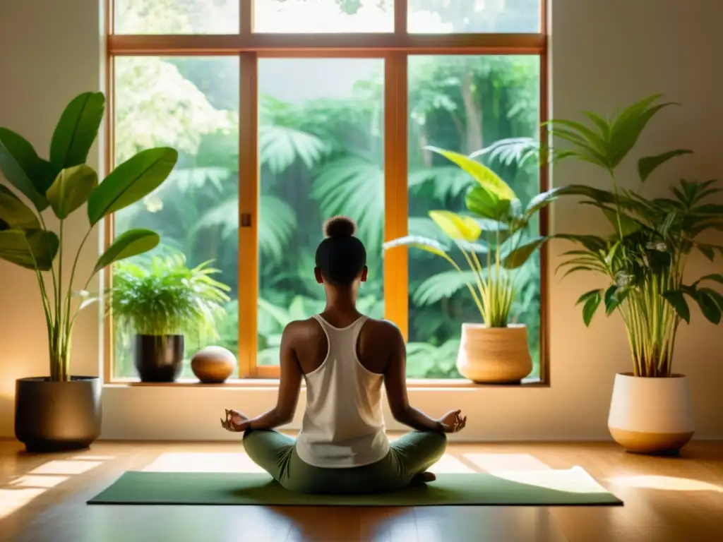 Persona meditando en un espacio tranquilo, iluminado por la suave luz del sol, rodeada de plantas verdes