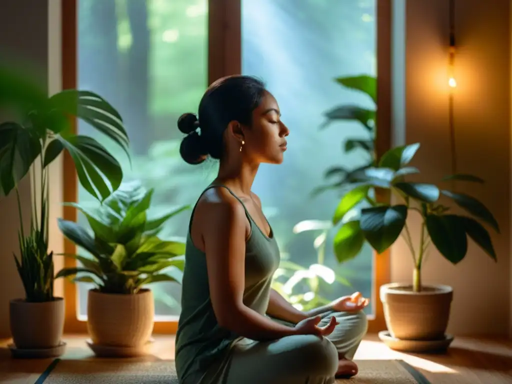 Persona meditando en un espacio tranquilo, iluminado suavemente, rodeada de plantas