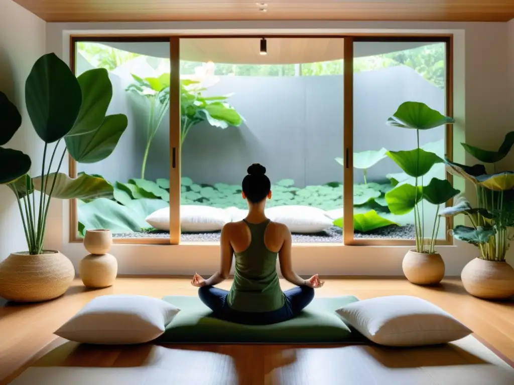 Persona meditando en un espacio tranquilo, con iluminación natural y plantas