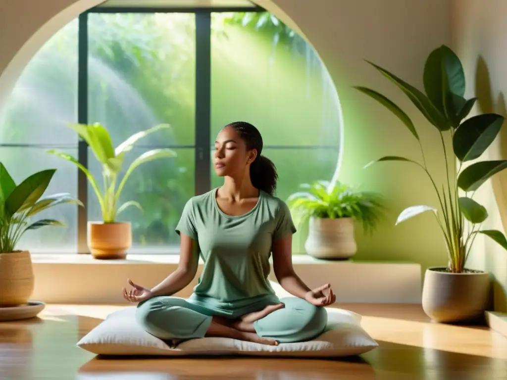 Persona meditando en un espacio tranquilo con plantas y luz natural