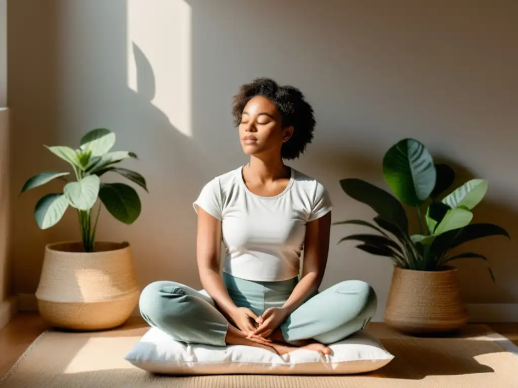 Persona meditando en un espacio tranquilo, rodeada de luz natural y plantas