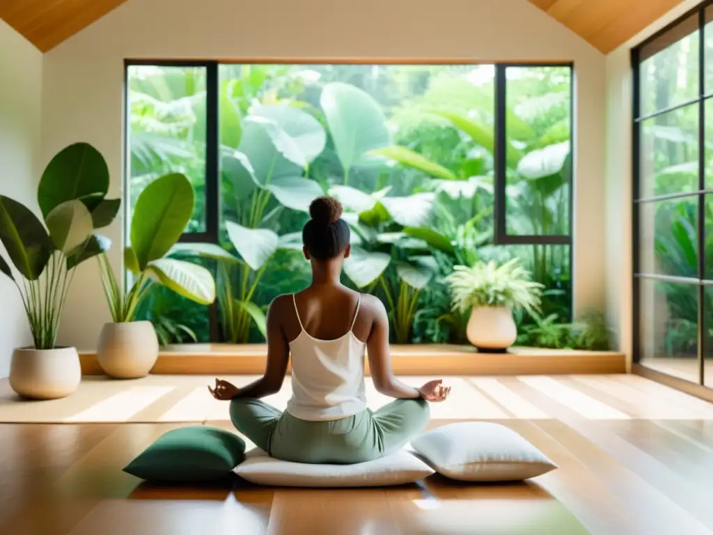 Persona meditando en un espacio tranquilo rodeado de plantas