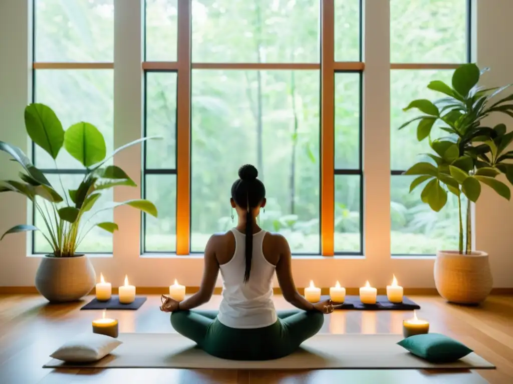 Persona meditando en un estudio luminoso y moderno con plantas verdes y velas brillantes