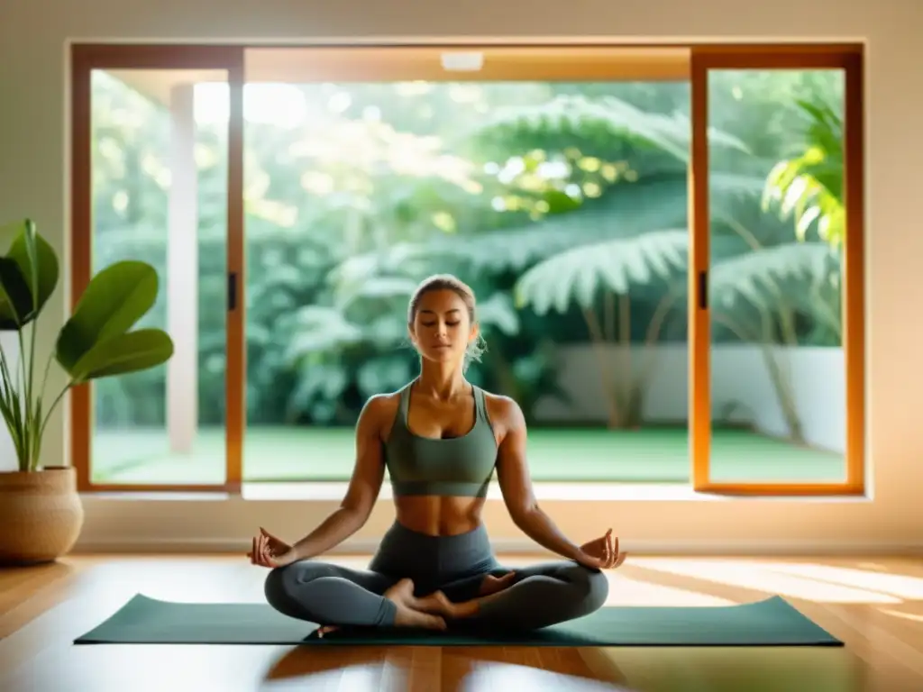 Una persona practica yoga en un estudio soleado y tranquilo, rodeada de vegetación exuberante