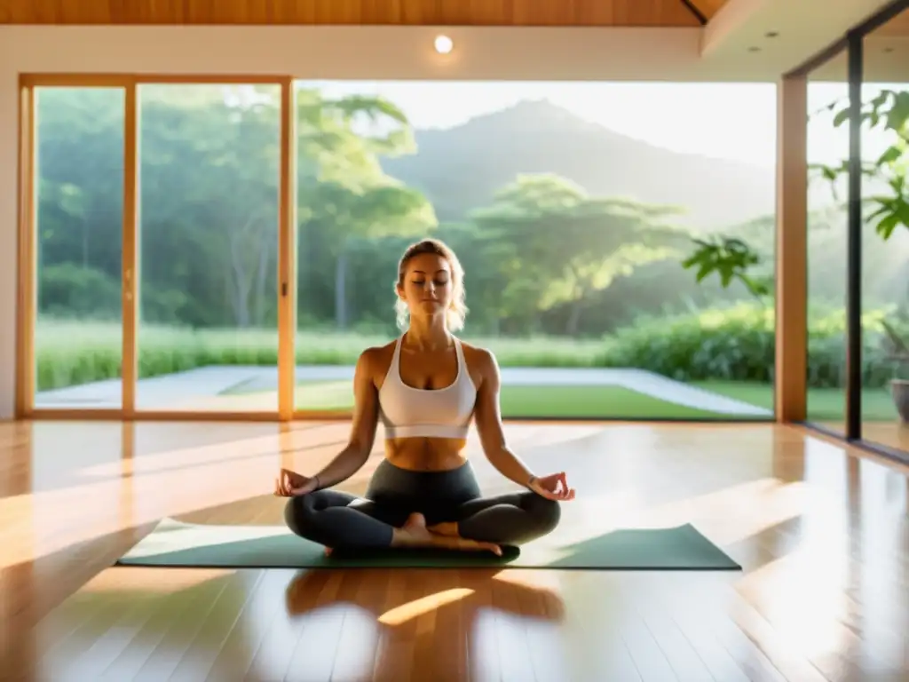 Persona meditando en estudio de yoga iluminado por la luz natural, transmitiendo serenidad y conexión con la naturaleza