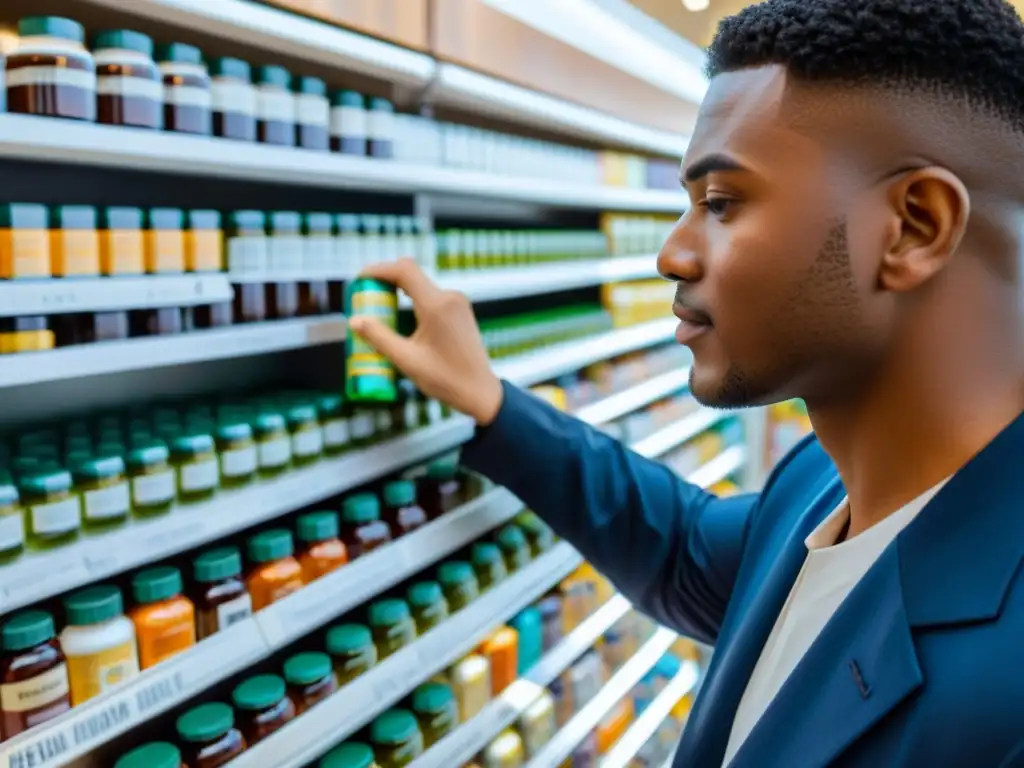 Persona leyendo detenidamente el etiquetado de suplementos para maximizar beneficios en una farmacia moderna