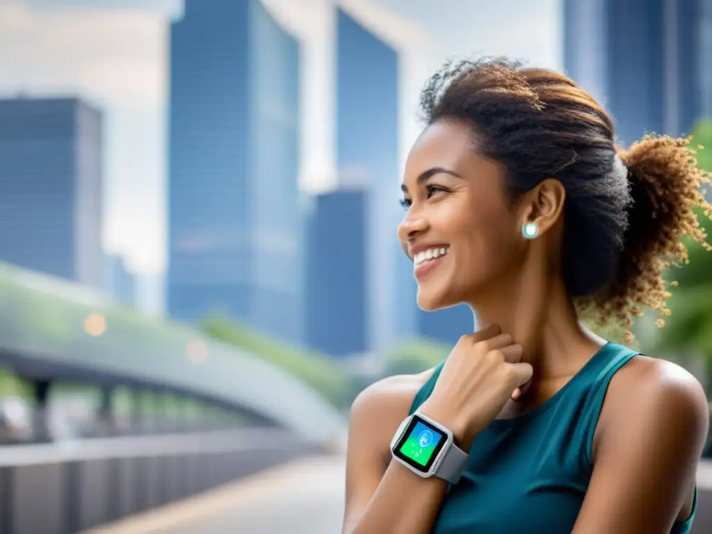 Persona feliz usando wearables para evaluar calidad aire en ciudad con aire puro