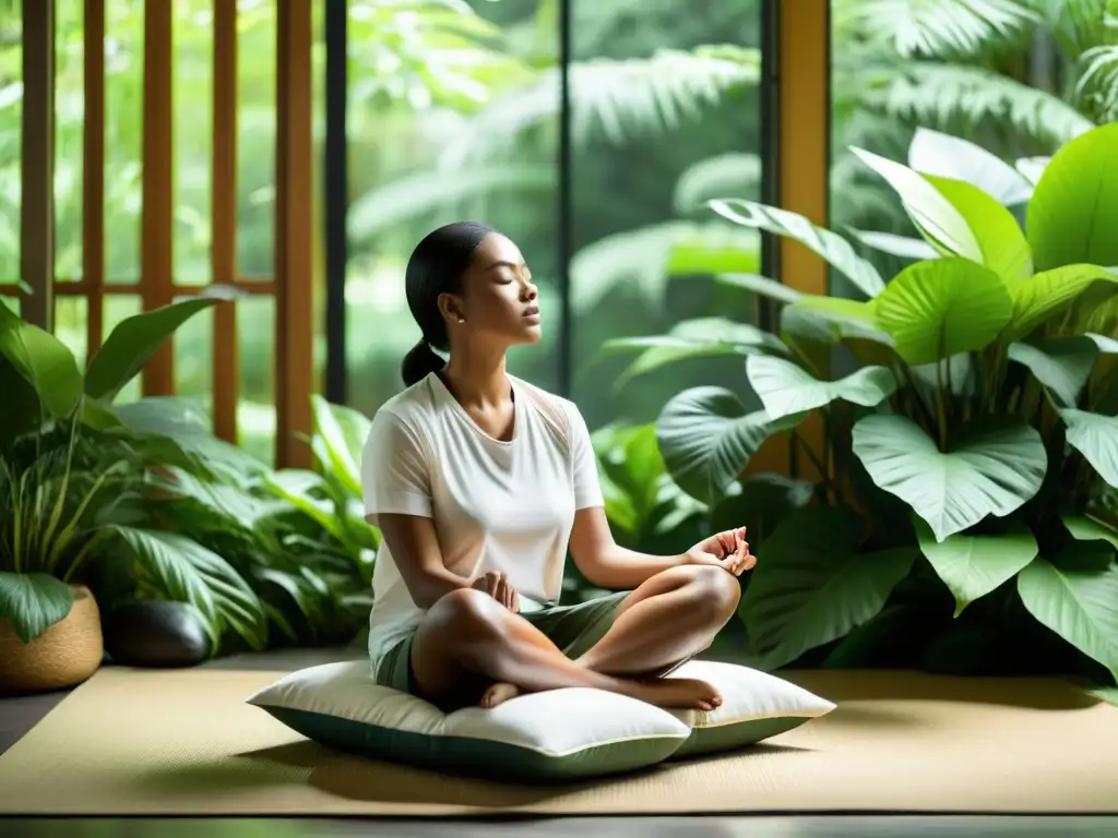 Una persona en meditación guiada, rodeada de naturaleza, emanando tranquilidad y paz interior