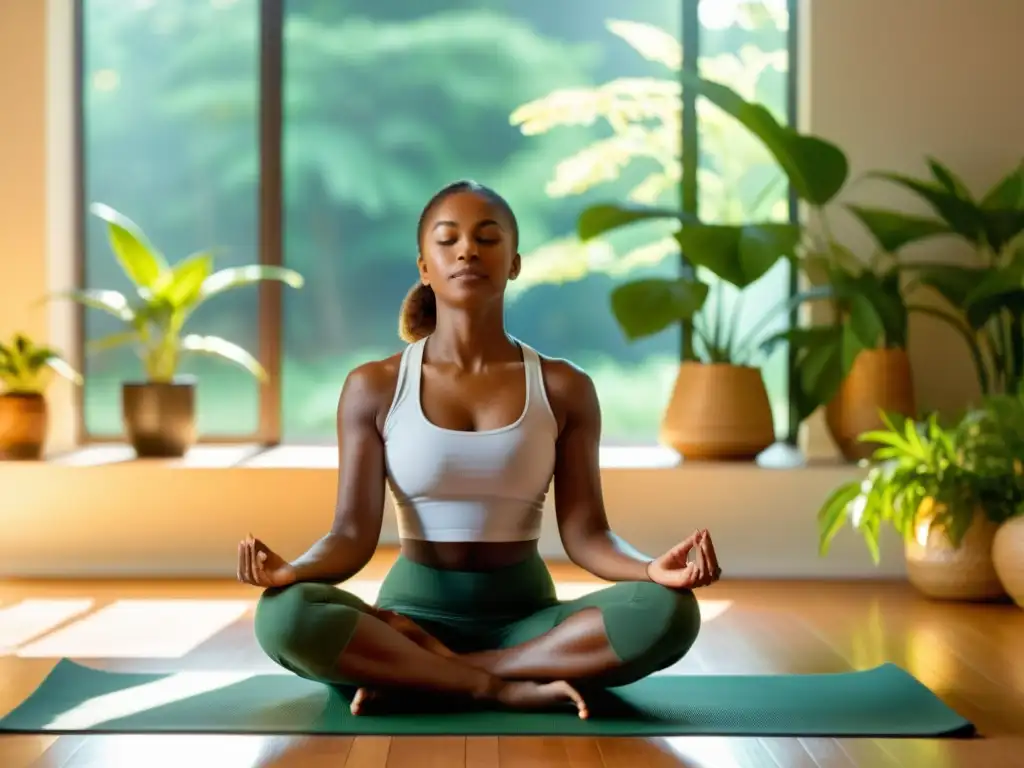 Persona en meditación guiada para fortalecer el sistema inmunológico en un ambiente sereno y armonioso con plantas verdes exuberantes y luz dorada