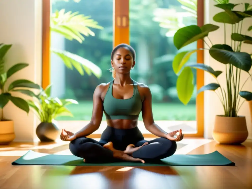 Persona meditando en una habitación iluminada por el sol, rodeada de plantas verdes