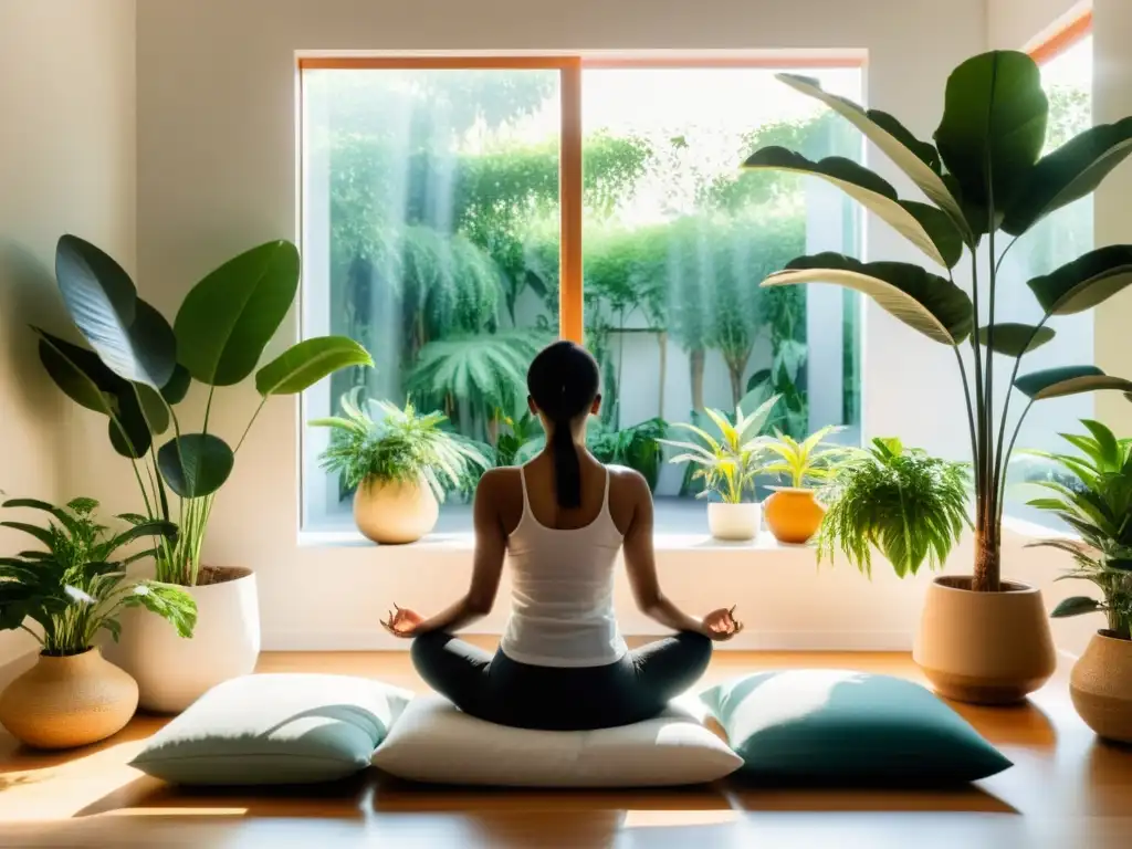 Una persona meditando en una habitación luminosa y minimalista, rodeada de plantas