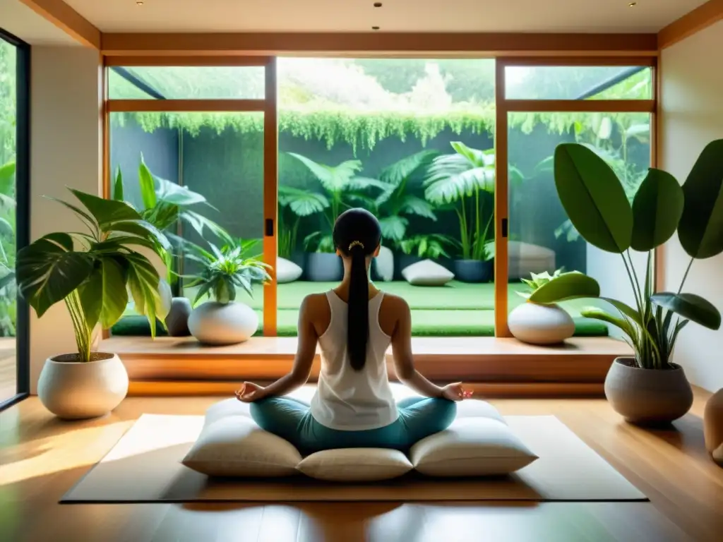 Persona meditando en habitación luminosa con vista al jardín, disfrutando de los beneficios de la meditación para el sistema inmunológico