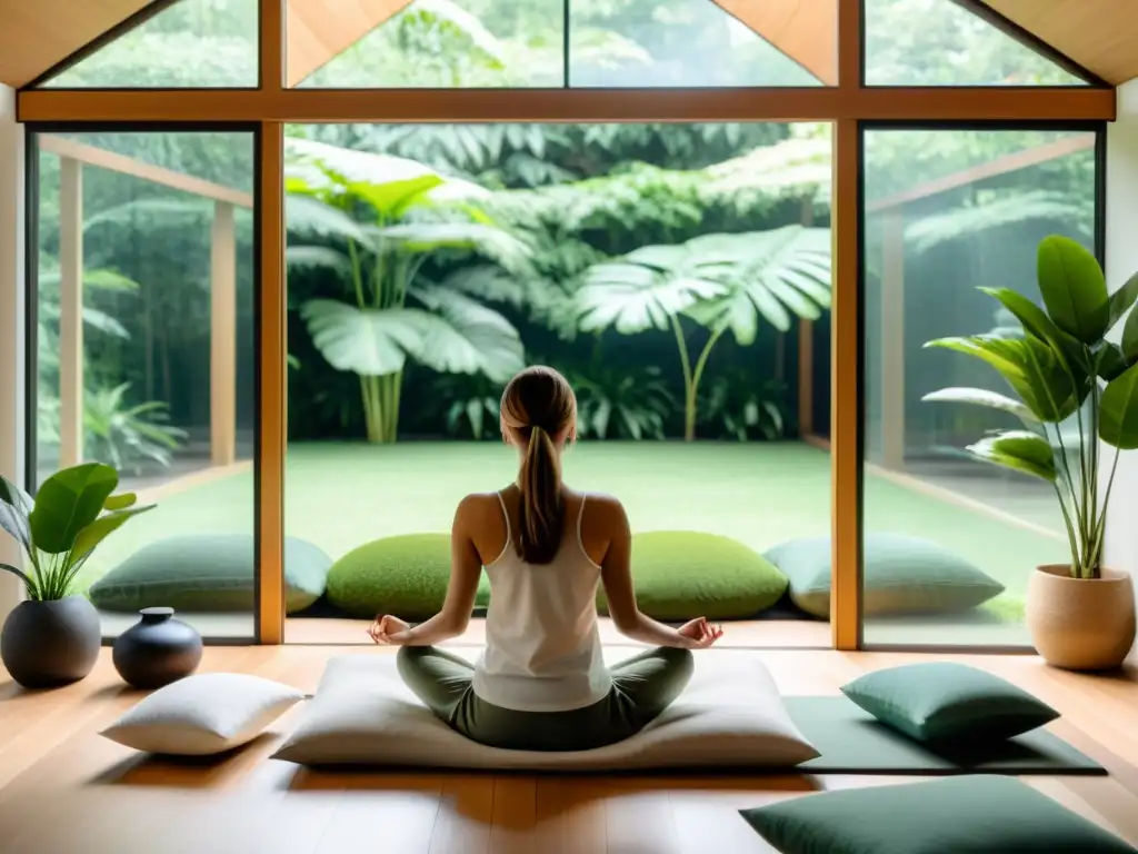 Persona meditando en habitación luminosa con vista a jardín