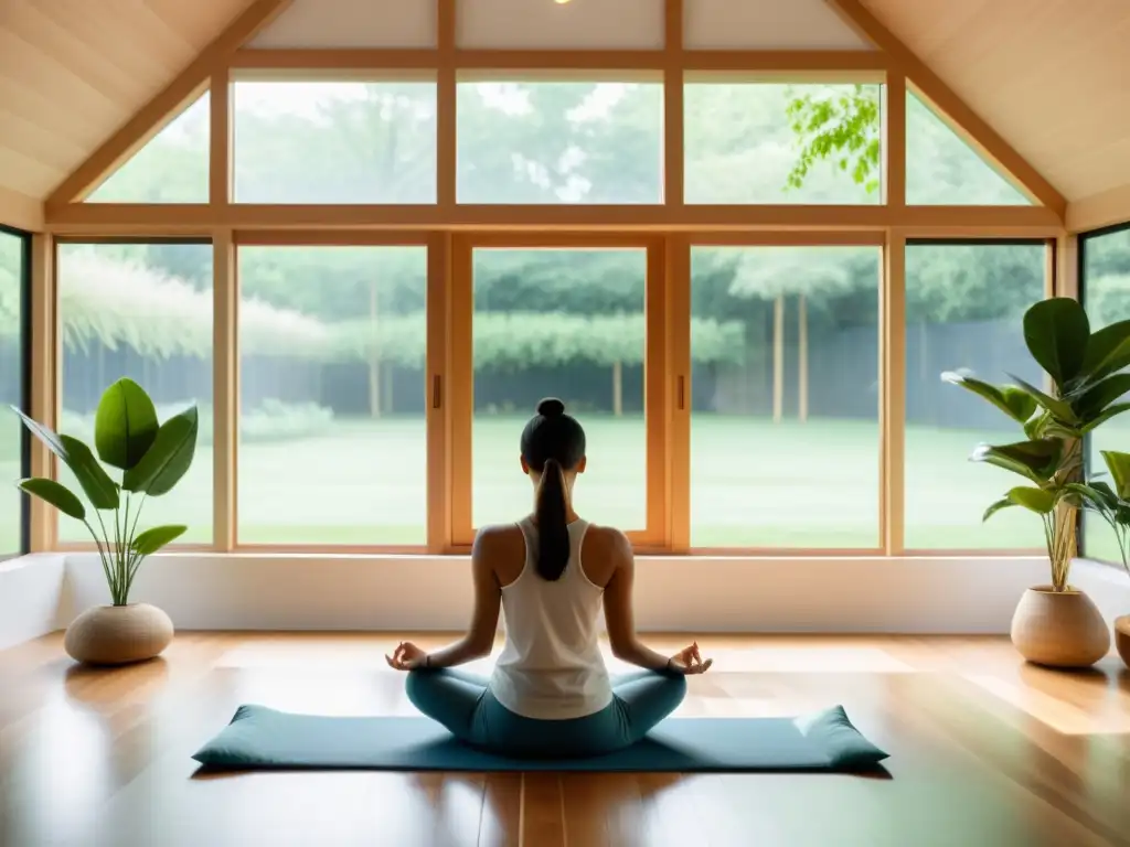 Persona meditando en una habitación luminosa con vista al jardín, representando el manejo del estrés en el sistema inmunológico