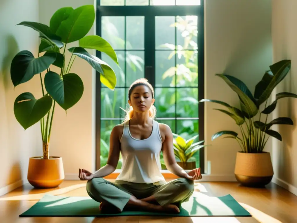 Persona meditando en habitación minimalista, rodeada de plantas verdes, irradiando tranquilidad