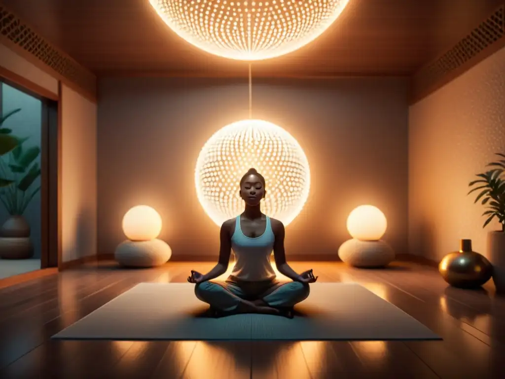 Persona meditando en una habitación minimalista, rodeada de suaves luces