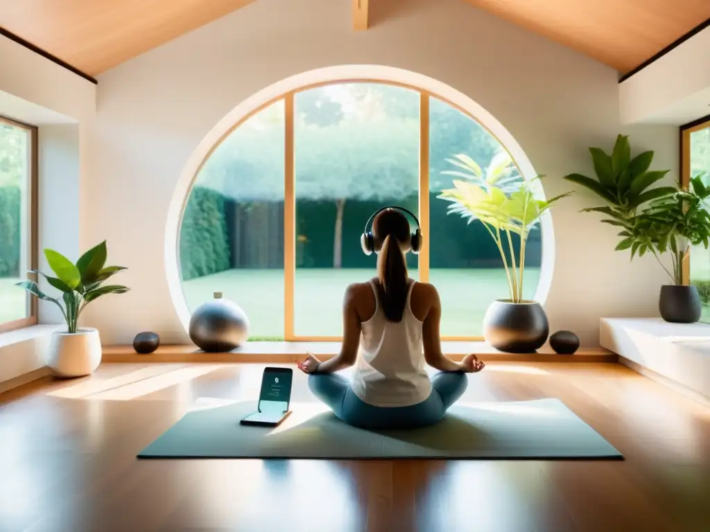 Persona meditando en una habitación minimalista con tecnología moderna y vista al jardín