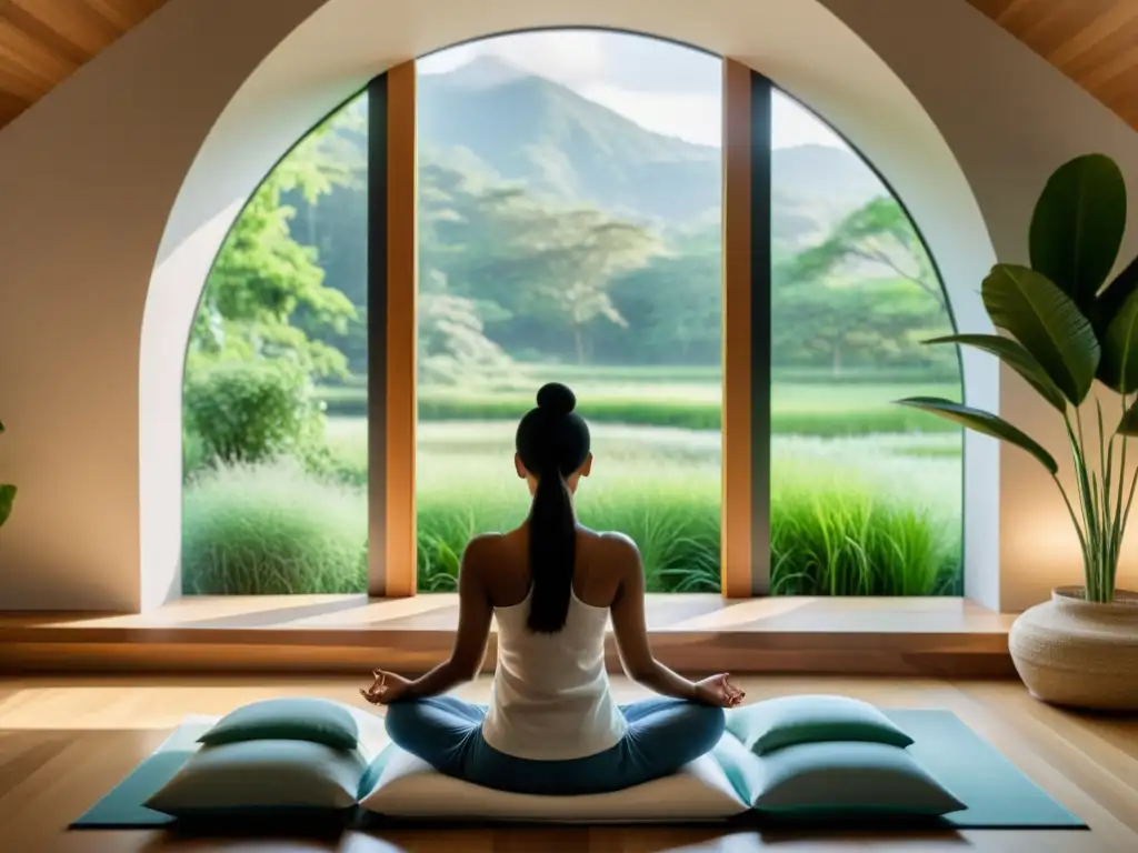 Persona meditando en una habitación minimalista con vista a la naturaleza, ideal para usar apps de meditación personalizables