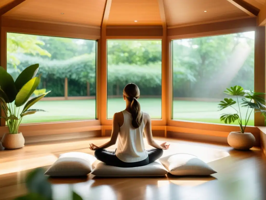 Persona meditando en una habitación moderna con vistas a un jardín exuberante