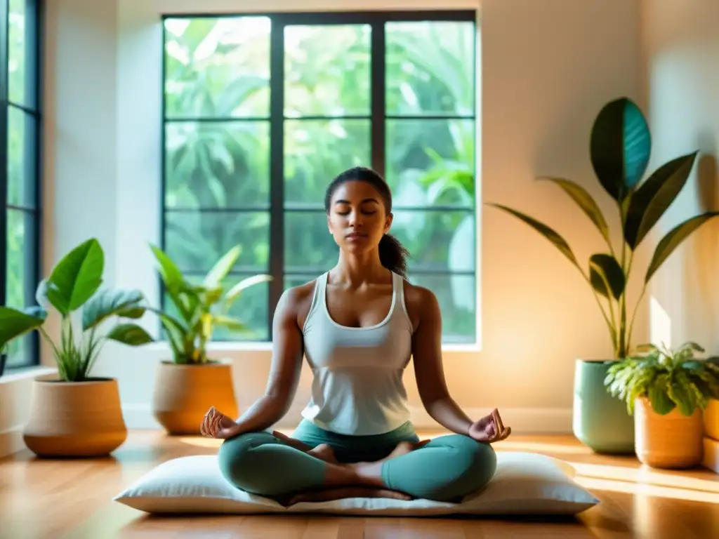 Persona meditando en una habitación serena con luz natural, transmitiendo paz